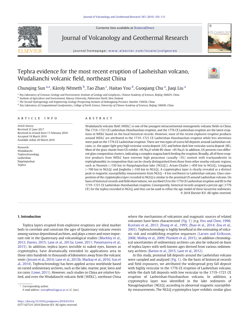 Tephra Evidence for the Most Recent Eruption of Laoheishan Volcano, Wudalianchi Volcanic Field, Northeast China