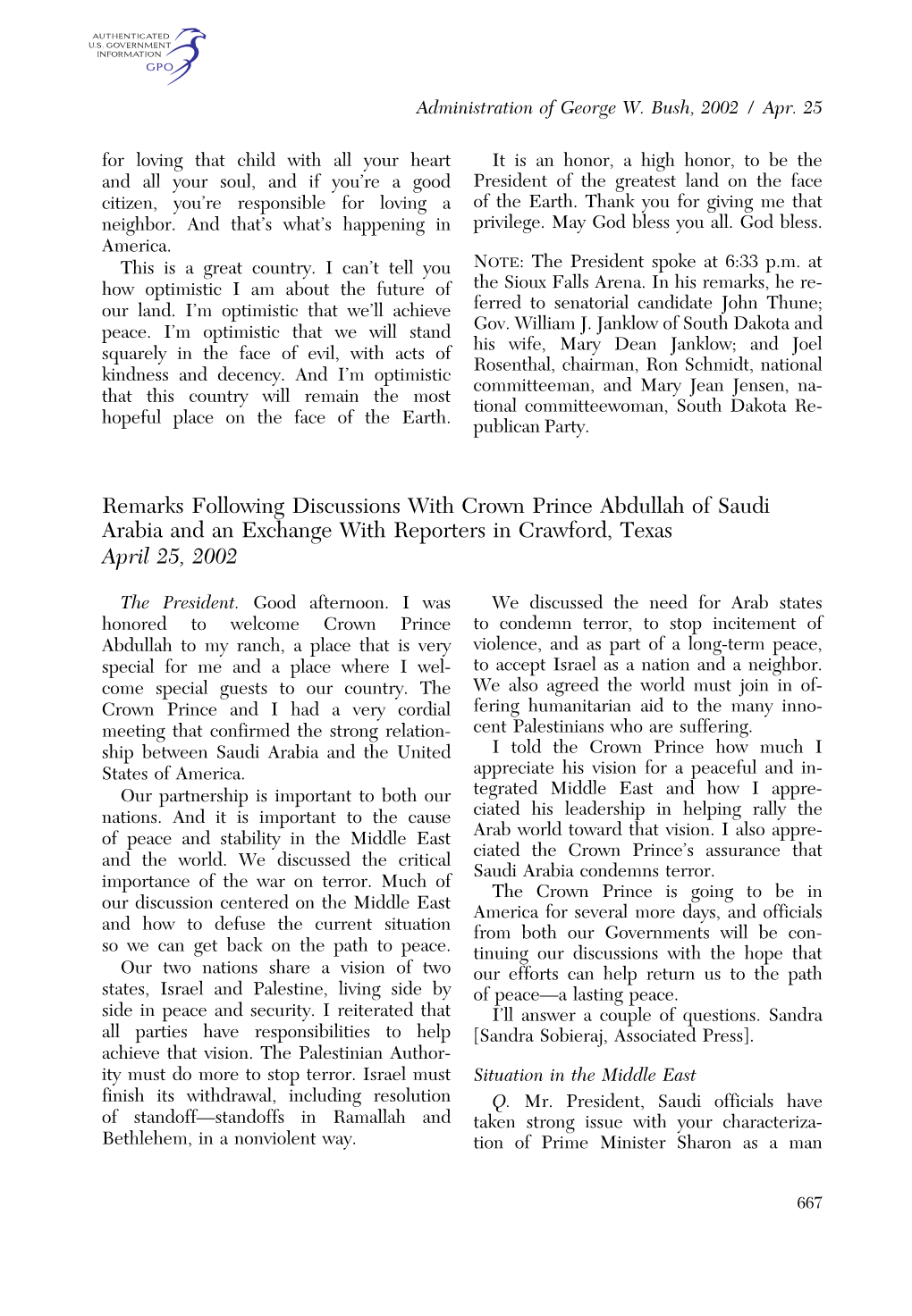 Remarks Following Discussions with Crown Prince Abdullah of Saudi Arabia and an Exchange with Reporters in Crawford, Texas April 25, 2002