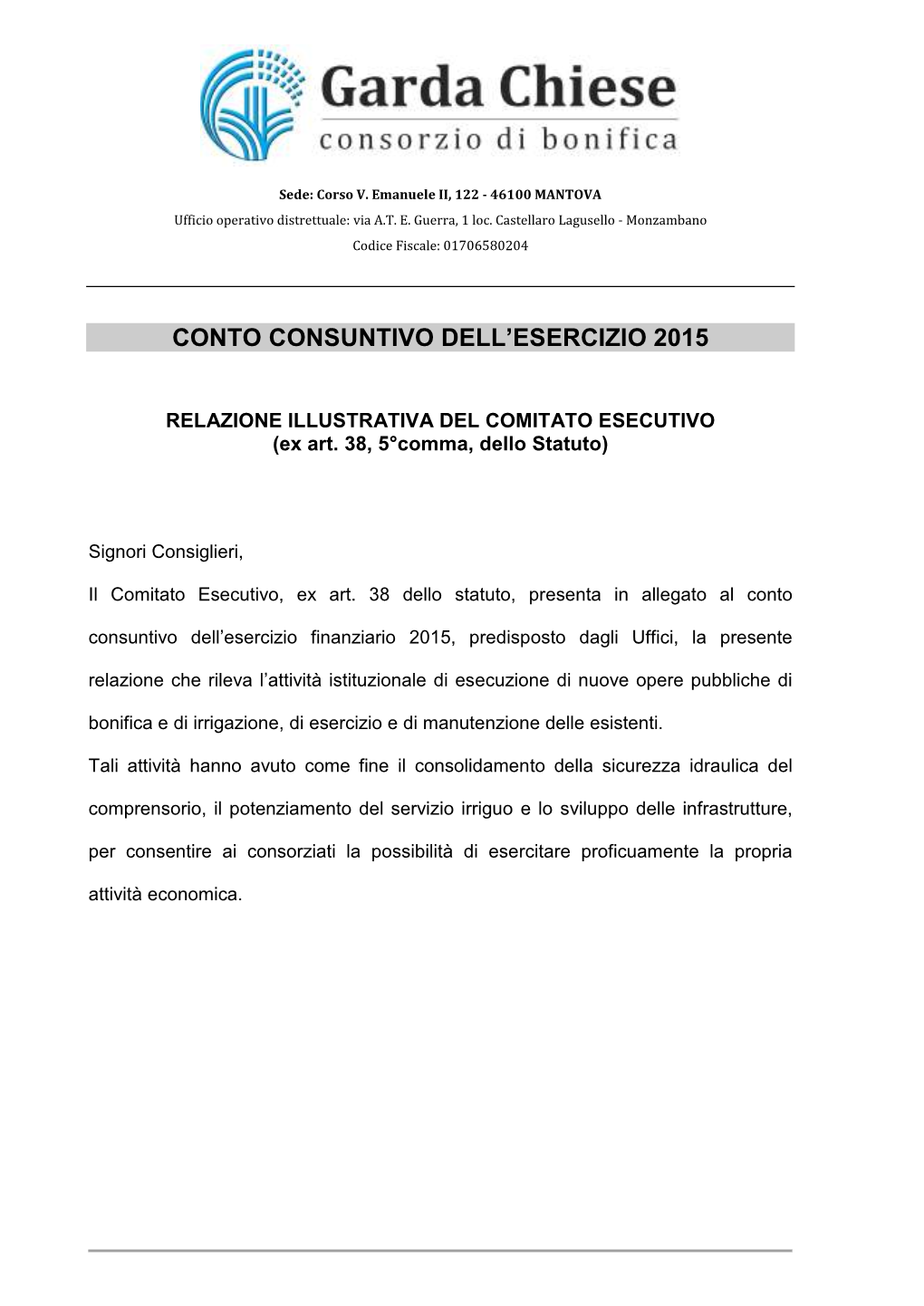 Conto Consuntivo Dell'esercizio 2015