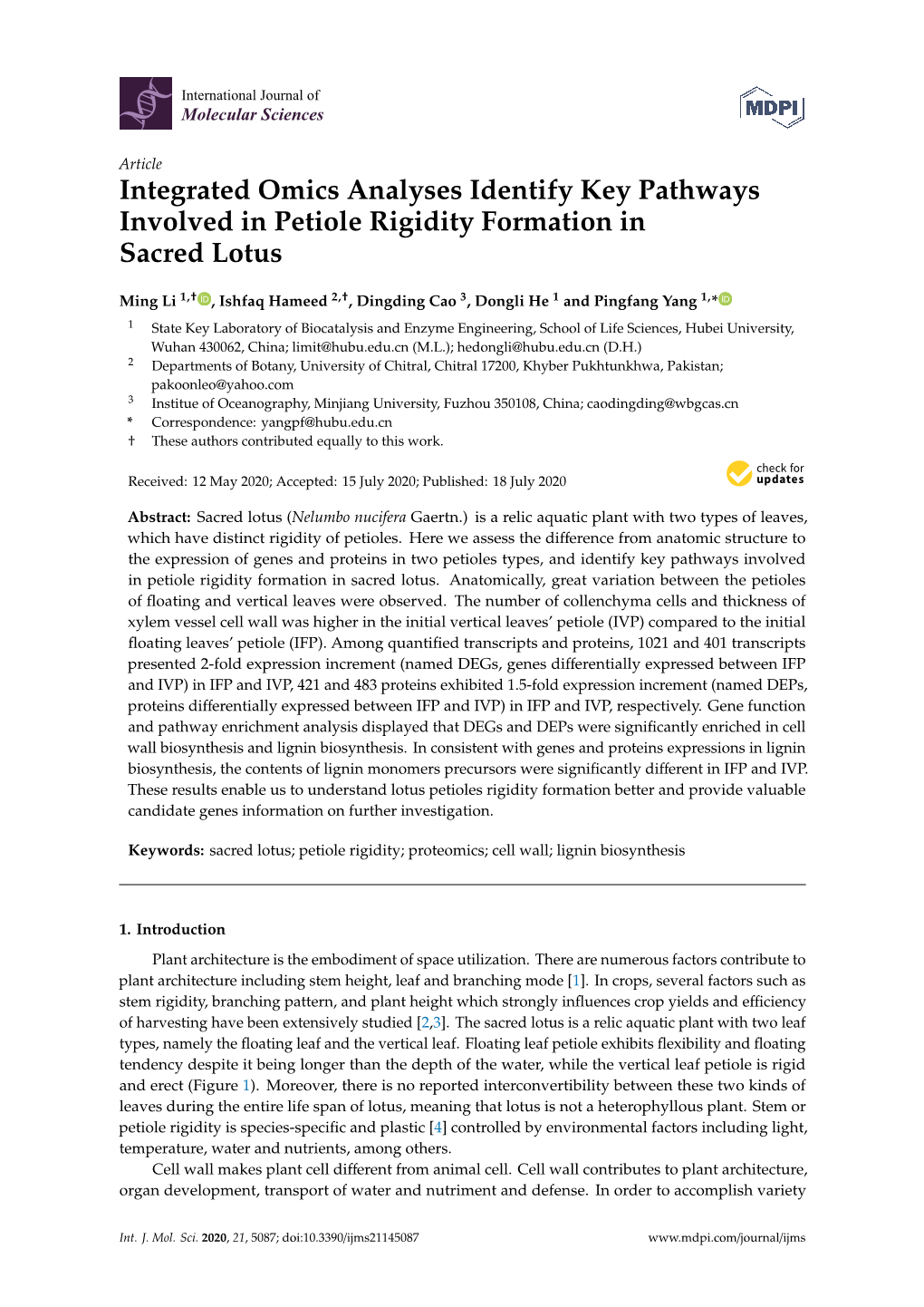 Integrated Omics Analyses Identify Key Pathways Involved in Petiole Rigidity Formation in Sacred Lotus