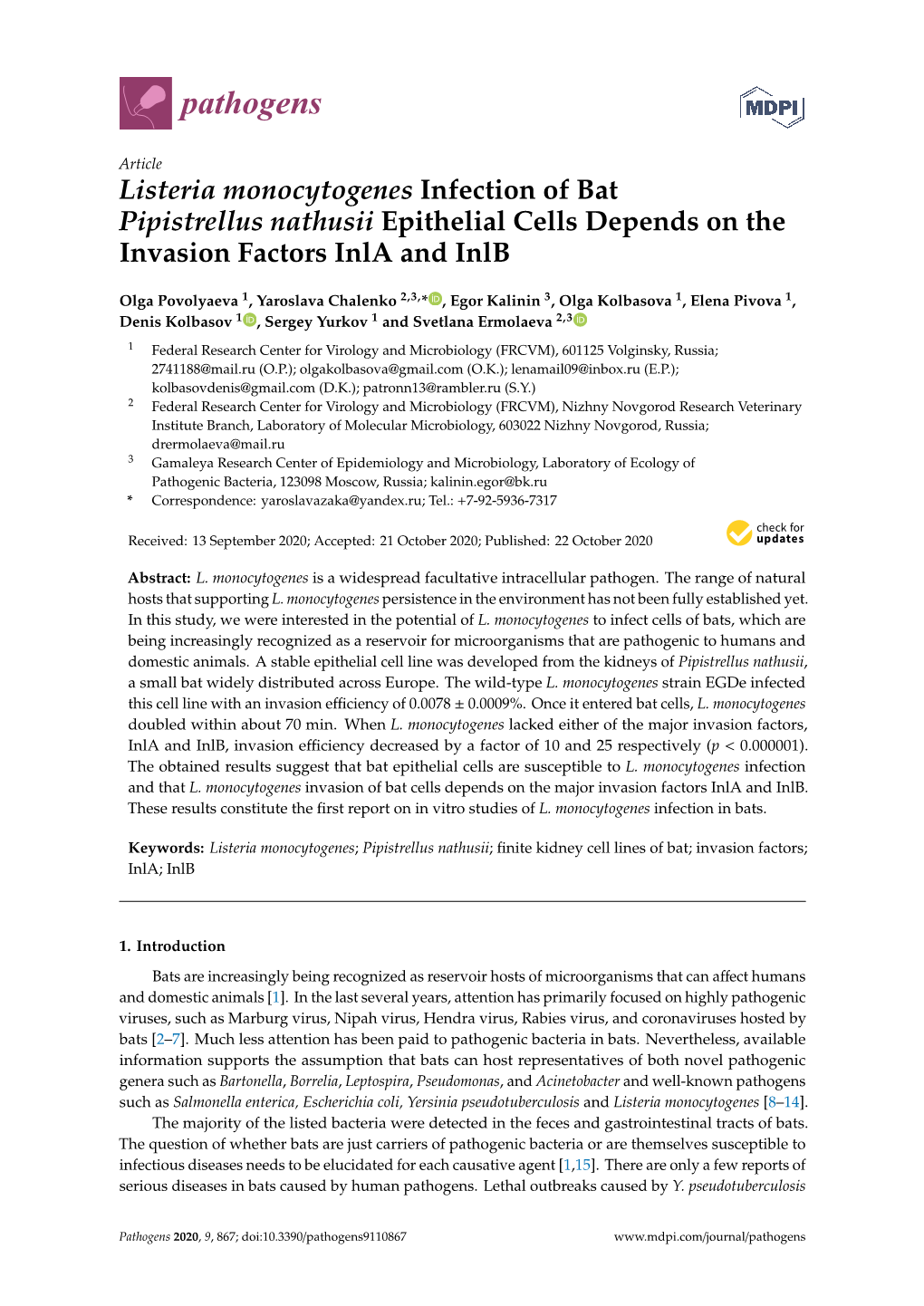 Listeria Monocytogenes Infection of Bat Pipistrellus Nathusii Epithelial Cells Depends on the Invasion Factors Inla and Inlb