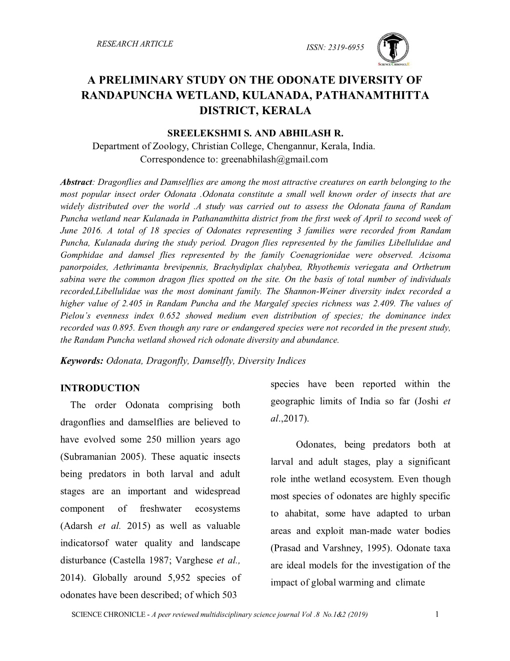 A Preliminary Study on the Odonate Diversity of Randapuncha Wetland, Kulanada, Pathanamthitta District, Kerala