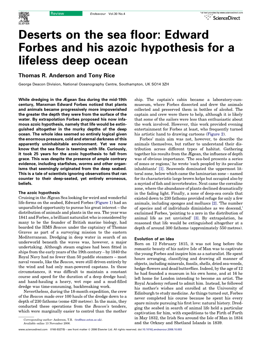 Edward Forbes and His Azoic Hypothesis for a Lifeless Deep Ocean