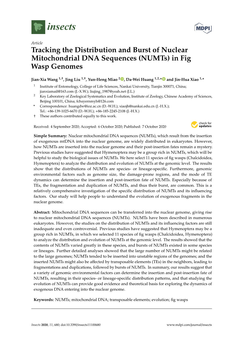 Numts) in Fig Wasp Genomes