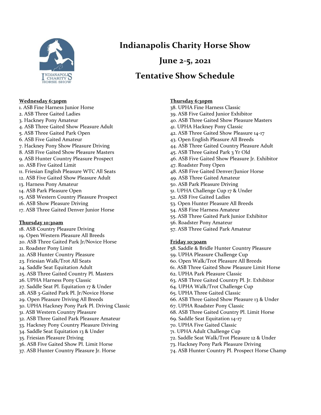 Indianapolis Charity Horse Show June 2-5, 2021 Tentative Show Schedule