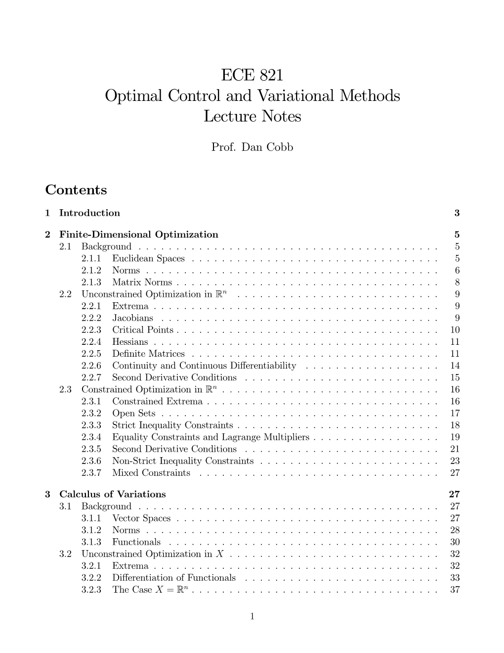 ECE 821 Optimal Control and Variational Methods Lecture Notes