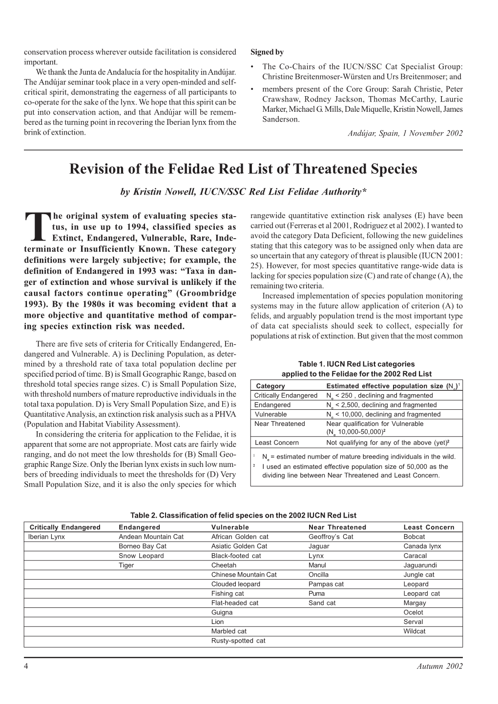 Revision of the Felidae Red List of Threatened Species