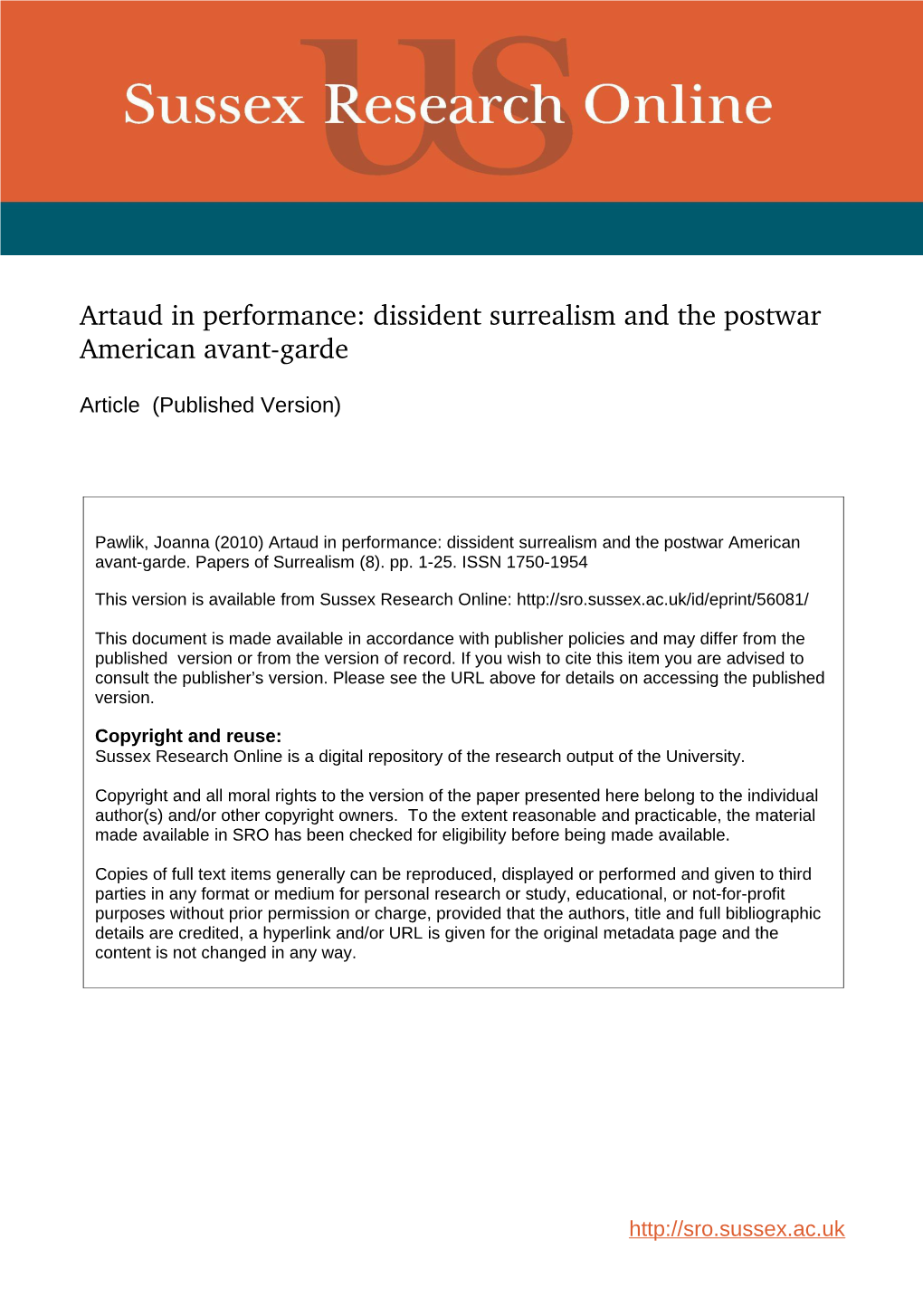 Artaud in Performance: Dissident Surrealism and the Postwar American Avantgarde