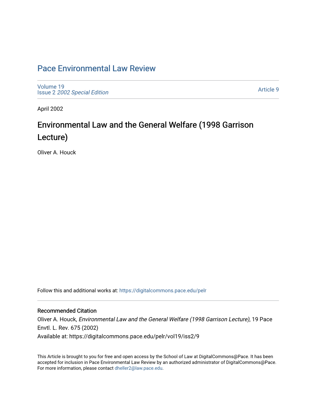 Environmental Law and the General Welfare (1998 Garrison Lecture)