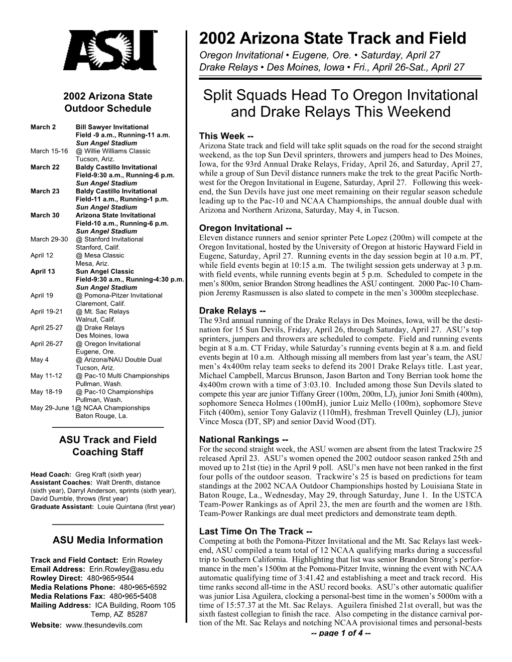 2002 Arizona State Track and Field Oregon Invitational • Eugene, Ore