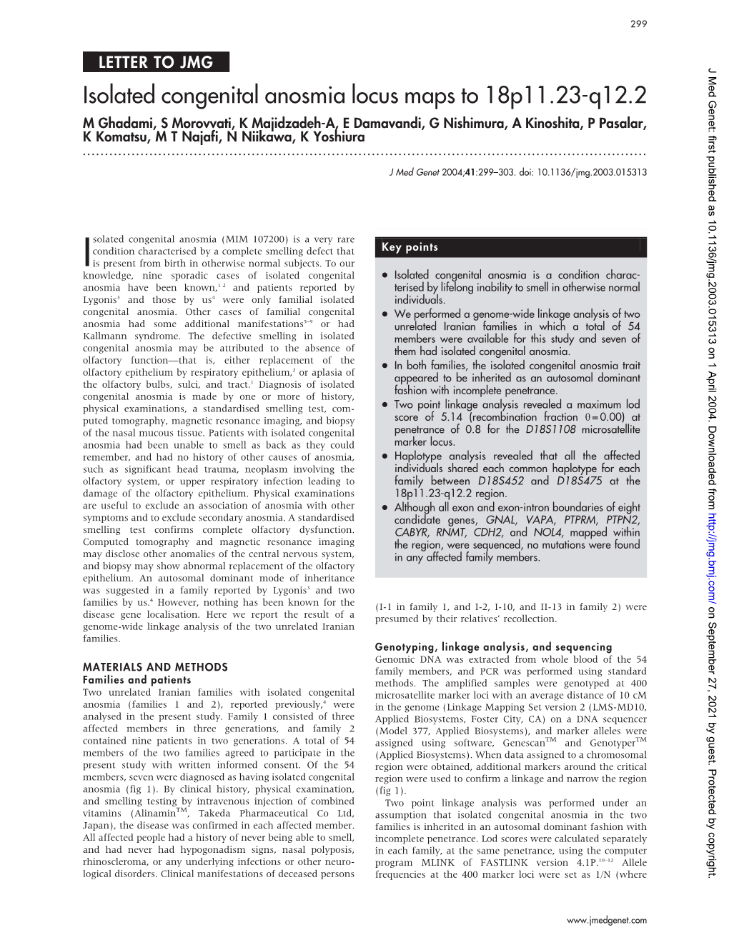 Isolated Congenital Anosmia Locus Maps to 18P11.23-Q12.2