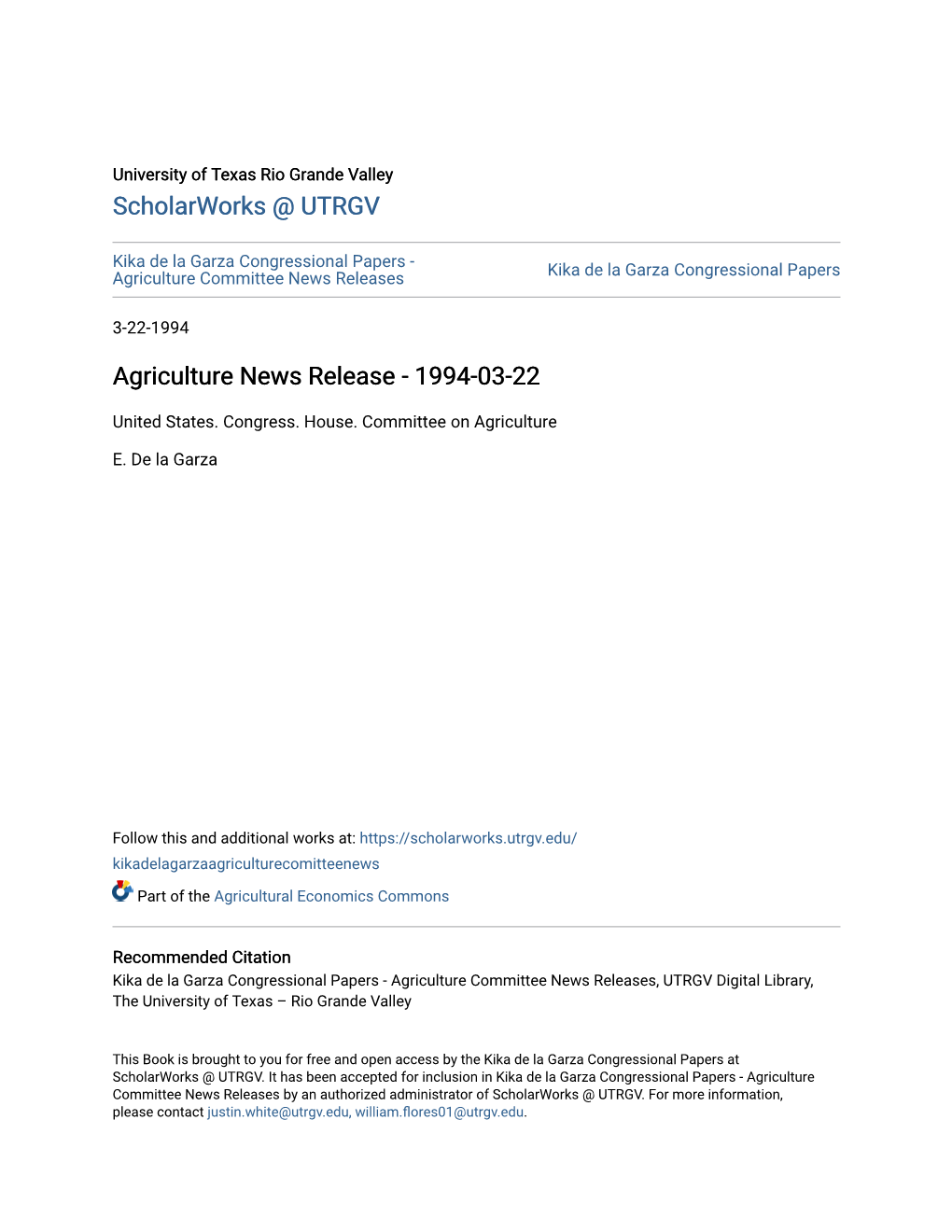 Agriculture News Release - 1994-03-22