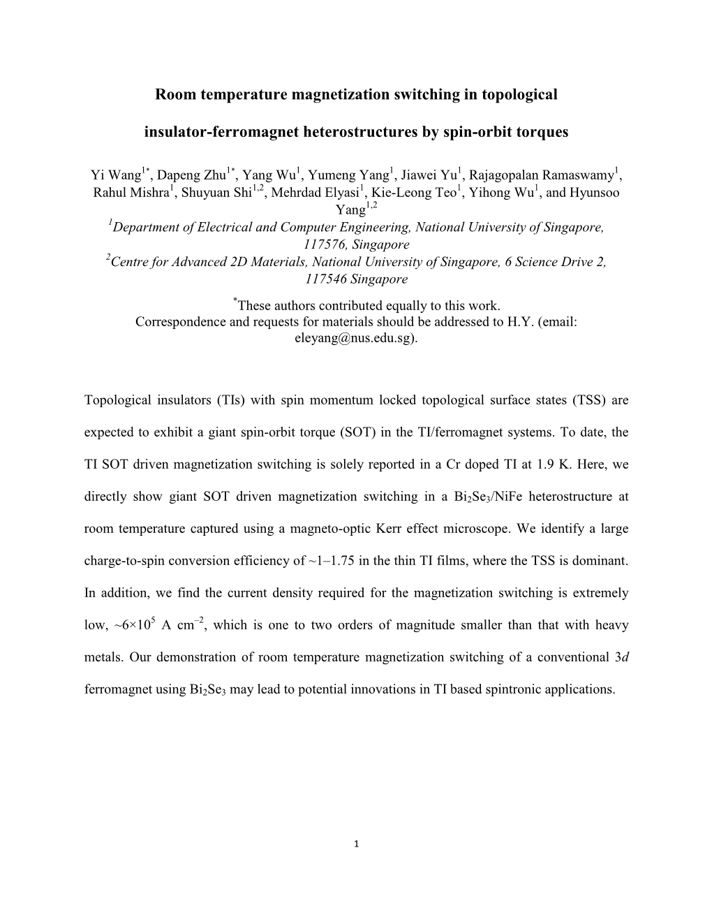 Room Temperature Magnetization Switching in Topological Insulator