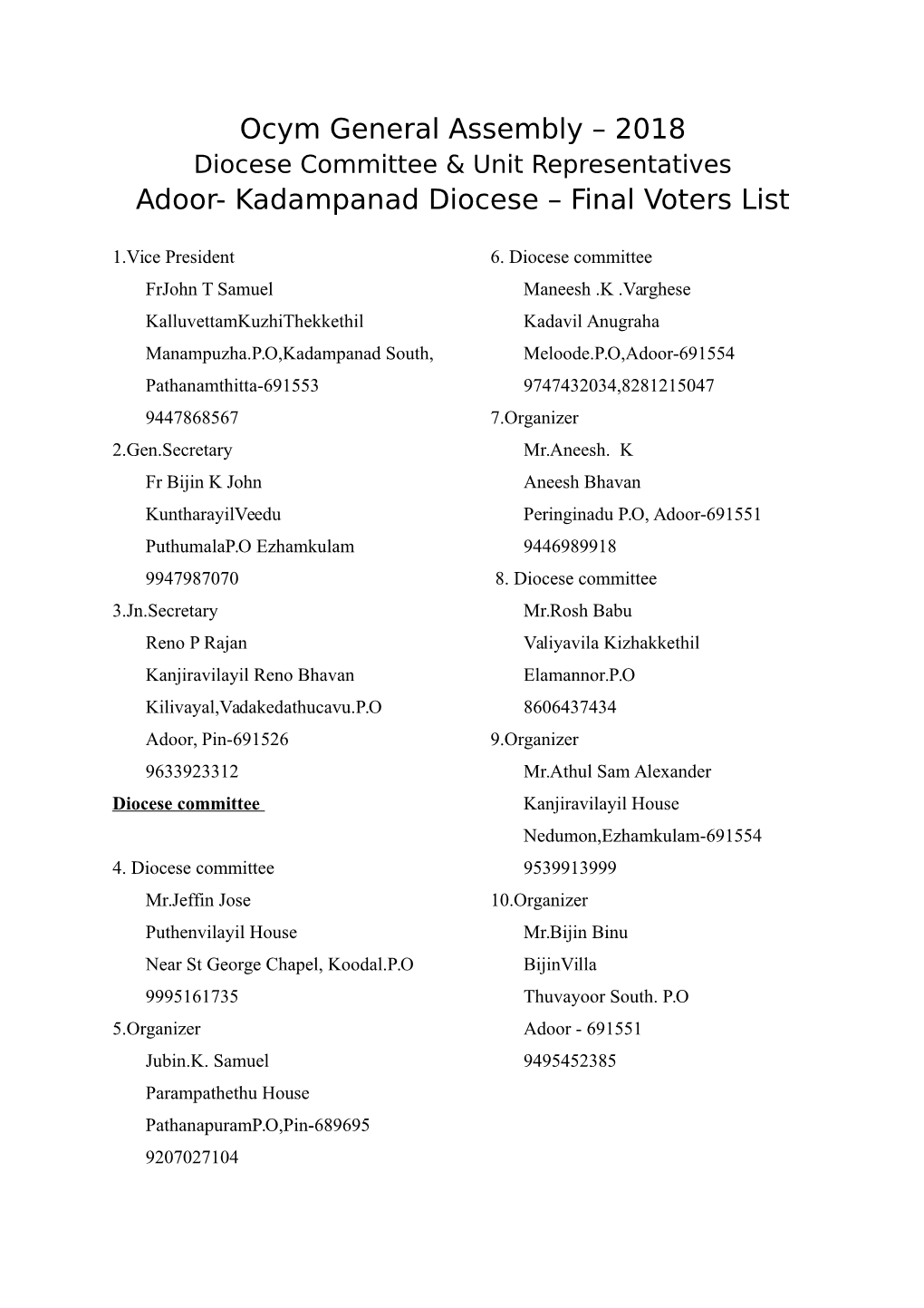 Ocym General Assembly – 2018 Adoor- Kadampanad Diocese
