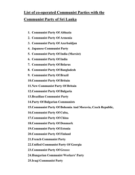 List of Co-Operated Communist Parties with the Communist Party of Sri Lanka