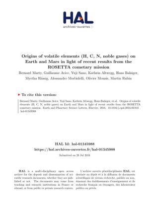 Origins of Volatile Elements (H, C, N, Noble Gases)
