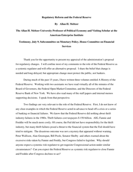 Regulatory Reform and the Federal Reserve by Allan H. Meltzer the Allan H. Meltzer University Professor of Political Economy A