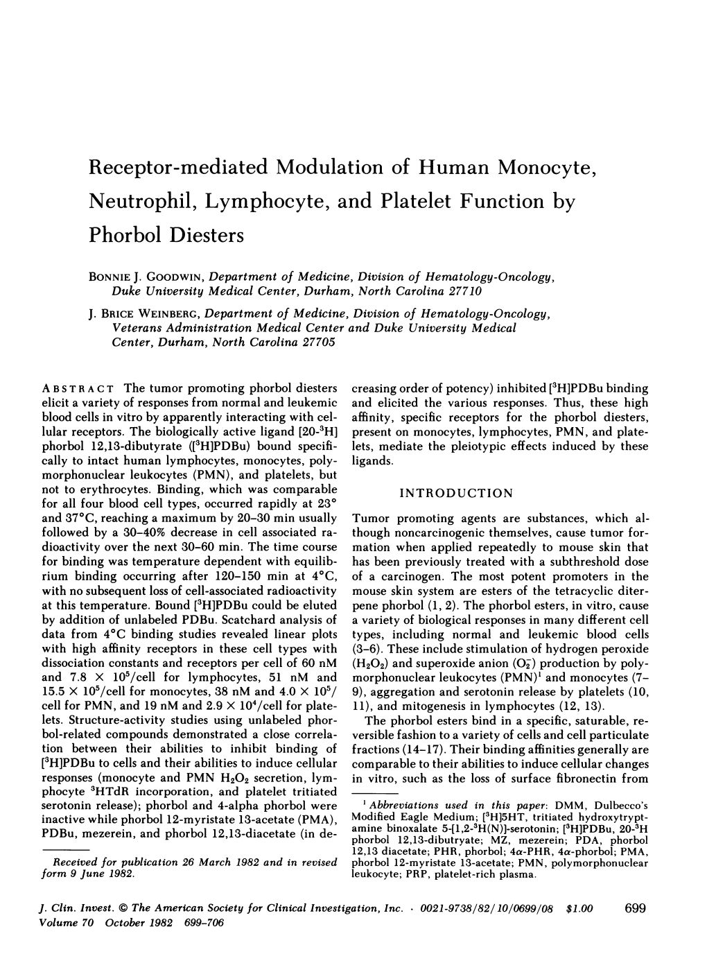 Receptor-Mediated Modulation of Human Monocyte, Neutrophil, Lymphocyte, and Platelet Function by Phorbol Diesters