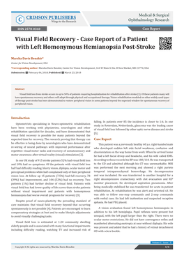 Visual Field Recovery - Case Report of a Patient with Left Homonymous Hemianopsia Post-Stroke
