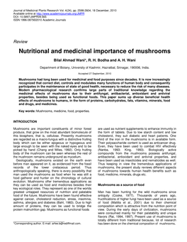 Nutritional and Medicinal Importance of Mushrooms