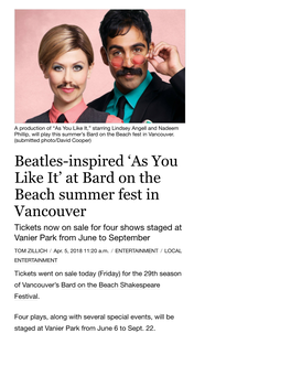 Beatles-Inspired 'As You Like It' at Bard on the Beach Summer Fest In
