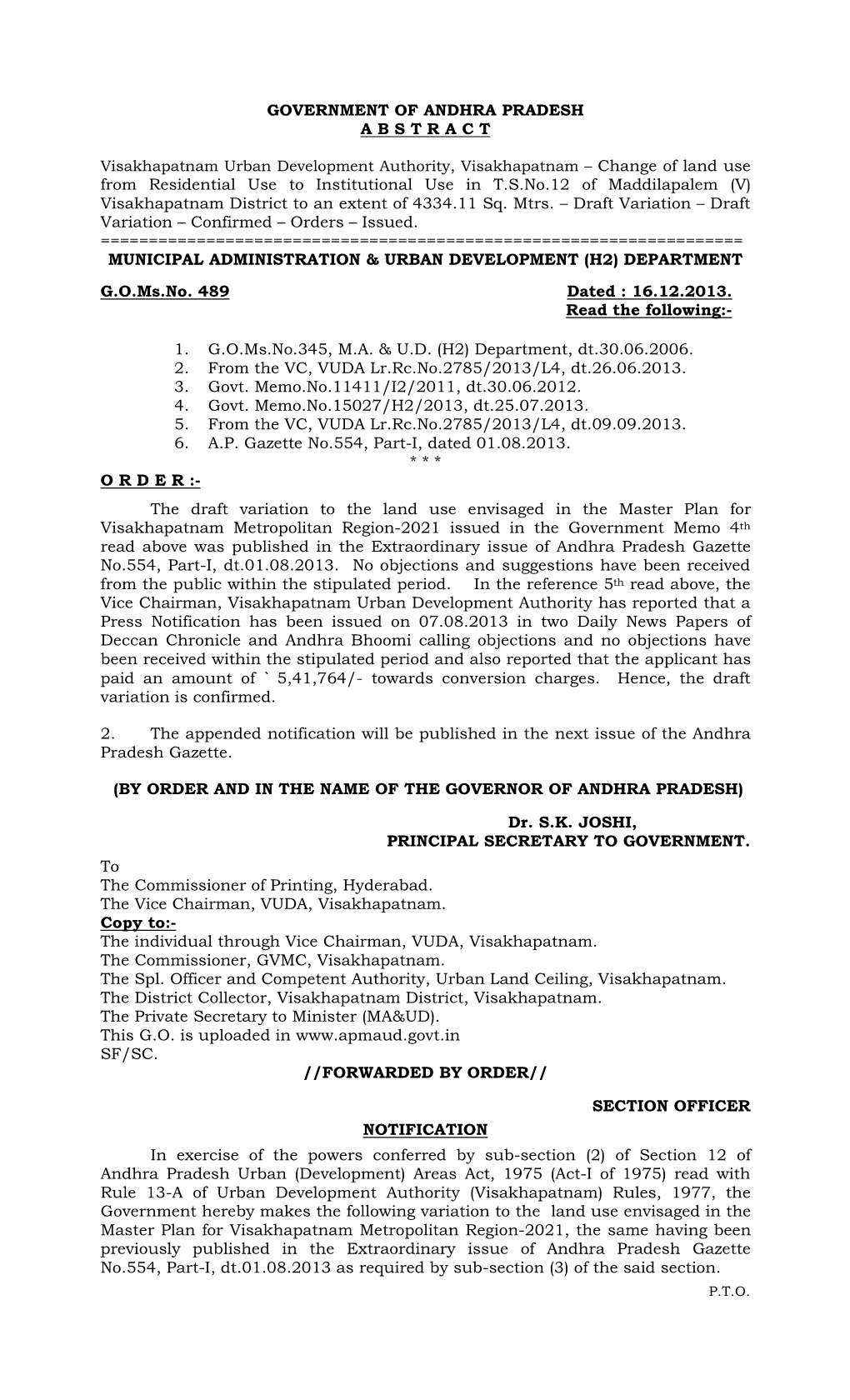 GOVERNMENT of ANDHRA PRADESH ABSTRACT from Residential Use to Institutional Use in Tsno.12 of Maddilapalem