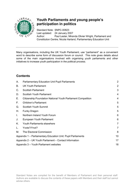 Youth Parliaments and Young People's Participation in Politics