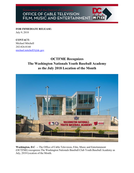 OCTFME Recognizes the Washington Nationals Youth Baseball Academy As the July 2018 Location of the Month