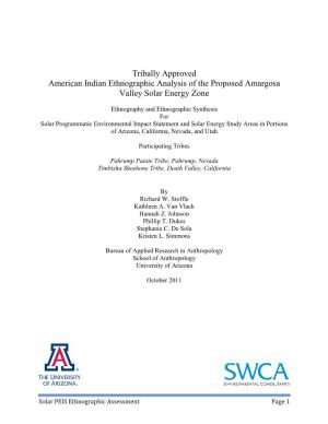 Tribally Approved American Indian Ethnographic Analysis of the Proposed Amargosa Valley Solar Energy Zone