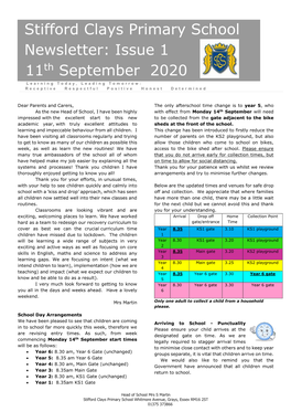 Stifford Clays Primary School Newsletter: Issue 1 11Th September 2020