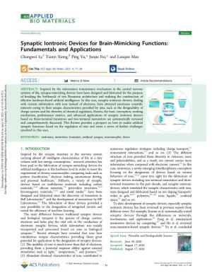Synaptic Iontronic Devices for Brain-Mimicking Functions: Fundamentals and Applications ∥ ∥ Changwei Li, Tianyi Xiong, Ping Yu,* Junjie Fei,* and Lanqun Mao
