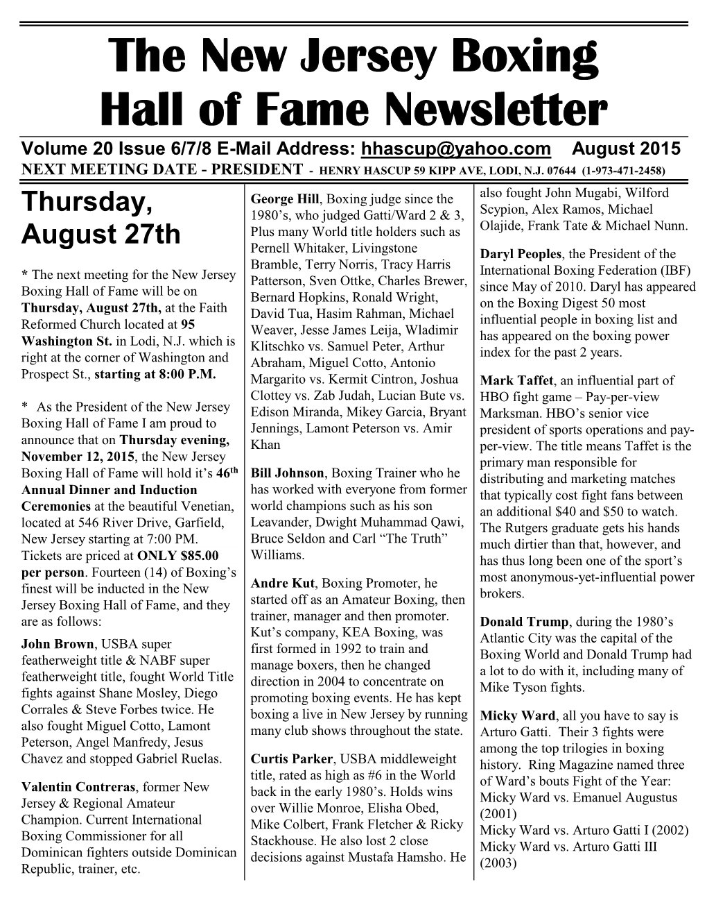 N.J. Boxing Hall of Fame Newsletter August 2015