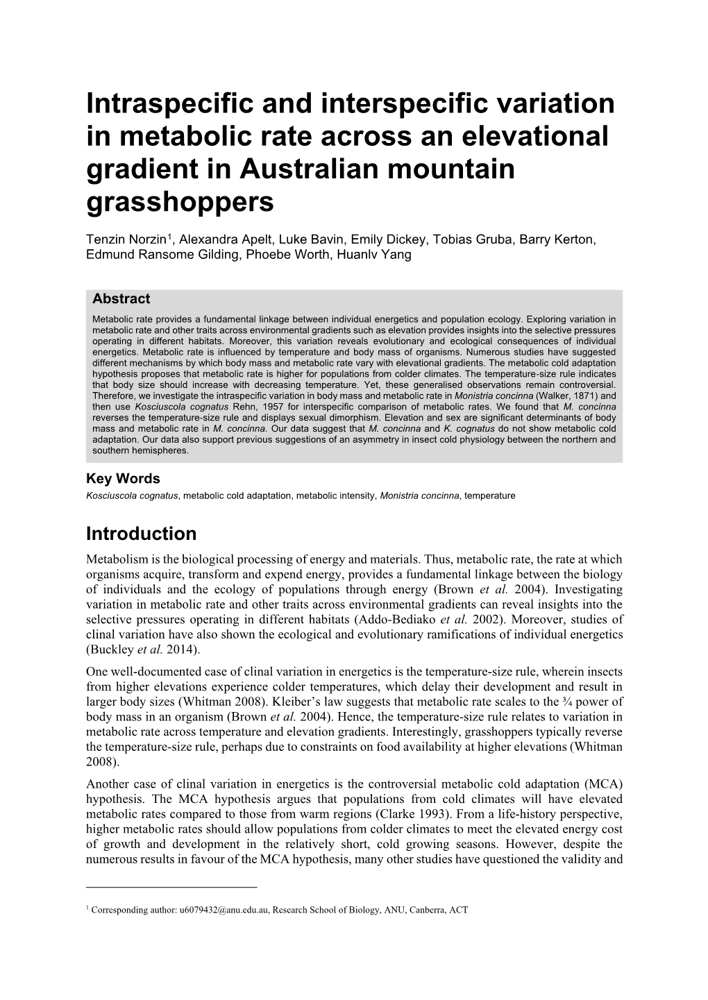 Intraspecific and Interspecific Variation in Metabolic Rate Across an Elevational Gradient in Australian Mountain Grasshoppers