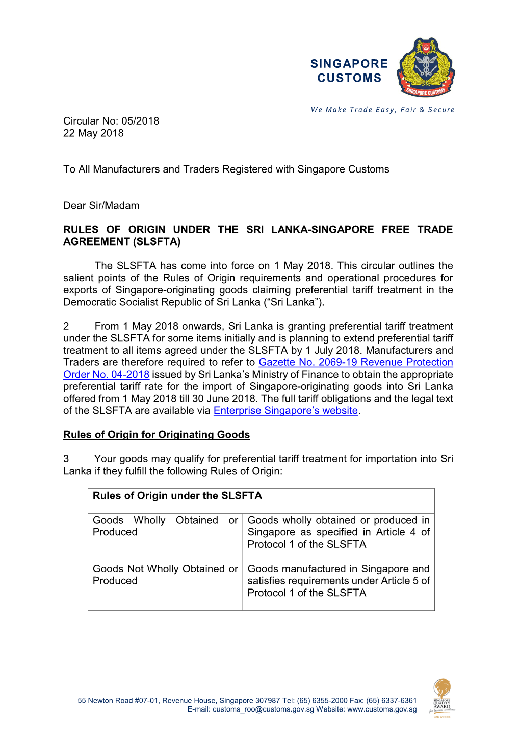 CIRCULARS 05/2018 Rules of Origin Under the Sri Lanka-Singapore