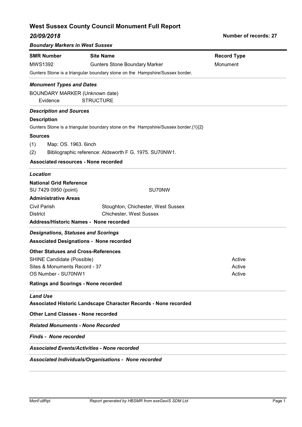 West Sussex County Council Monument Full Report 20/09/2018 Number of Records: 27 Boundary Markers in West Sussex