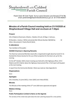 Minutes of a Parish Council Meeting Held on 21/10/2020 at Shepherdswell Village Hall and Via Zoom at 7:30Pm