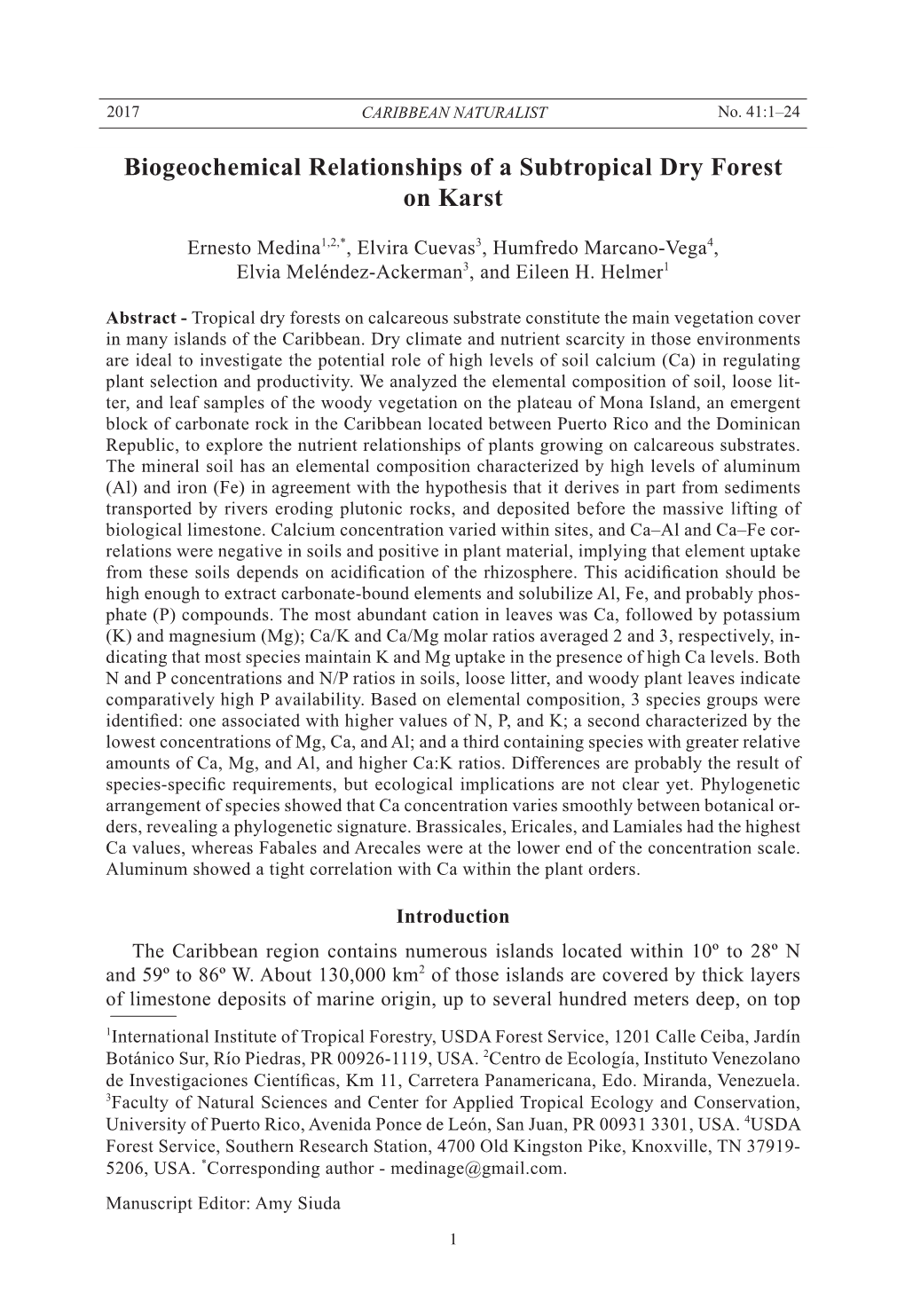 Biogeochemical Relationships of a Subtropical Dry Forest on Karst