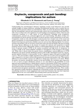 Oxytocin, Vasopressin and Pair Bonding: Implications for Autism Elizabeth A