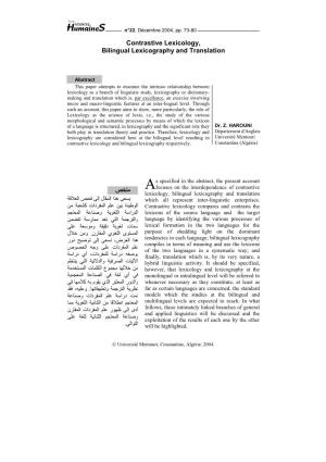 Contrastive Lexicology, Bilingual Lexicography and Translation