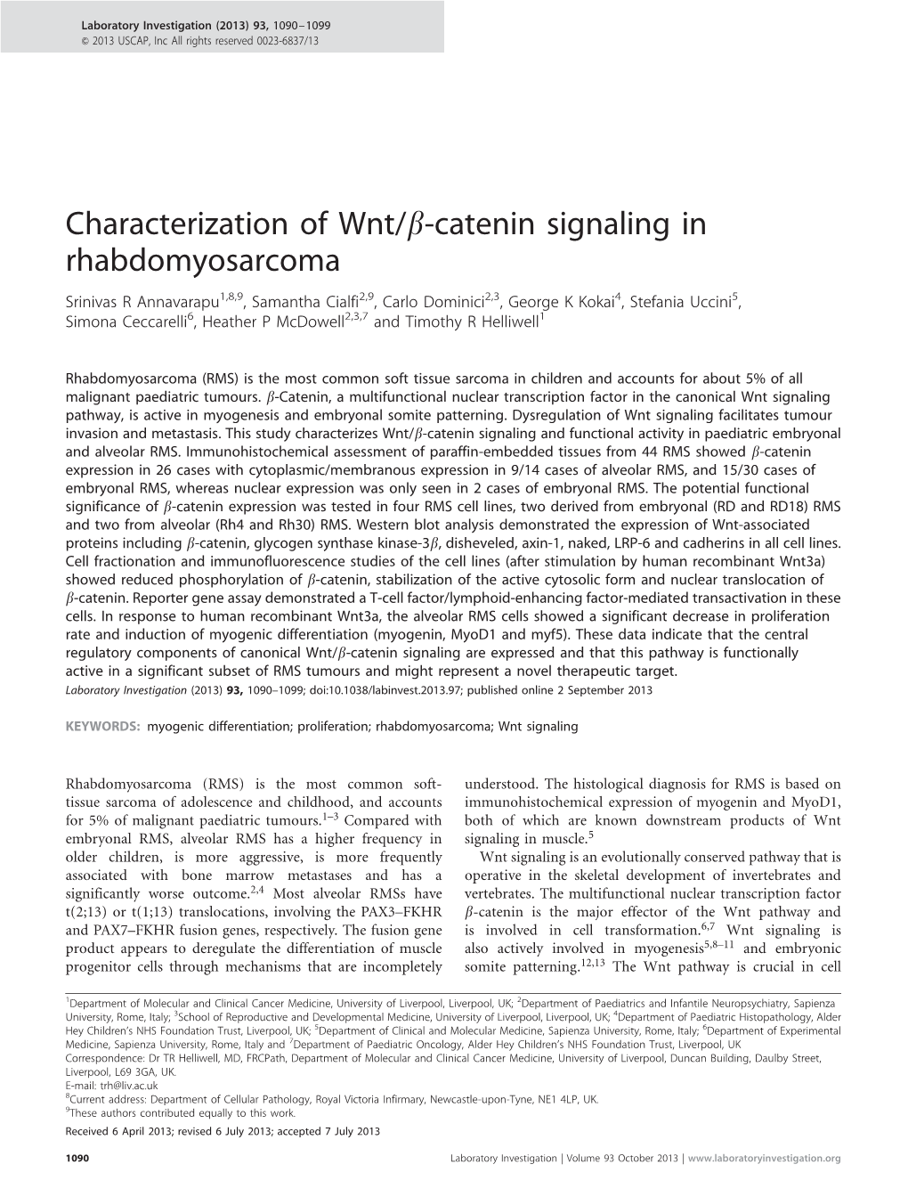 Beta;-Catenin Signaling in Rhabdomyosarcoma