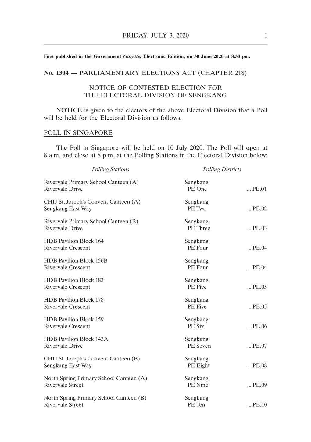 GAZETTE Notice of Contested Election for the Electoral Division Of