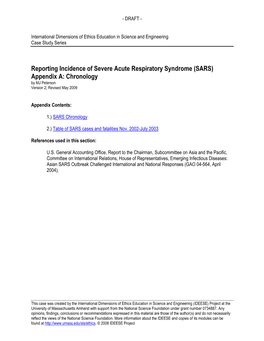 Reporting Incidence of Severe Acute Respiratory Syndrome (SARS) Appendix A: Chronology by MJ Peterson Version 2; Revised May 2009