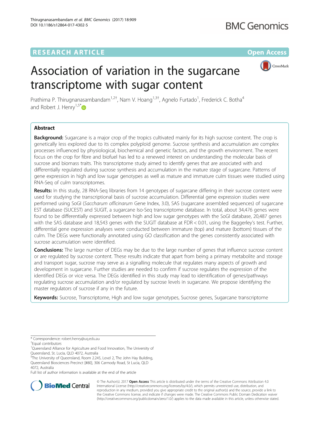 Association of Variation in the Sugarcane Transcriptome with Sugar Content Prathima P