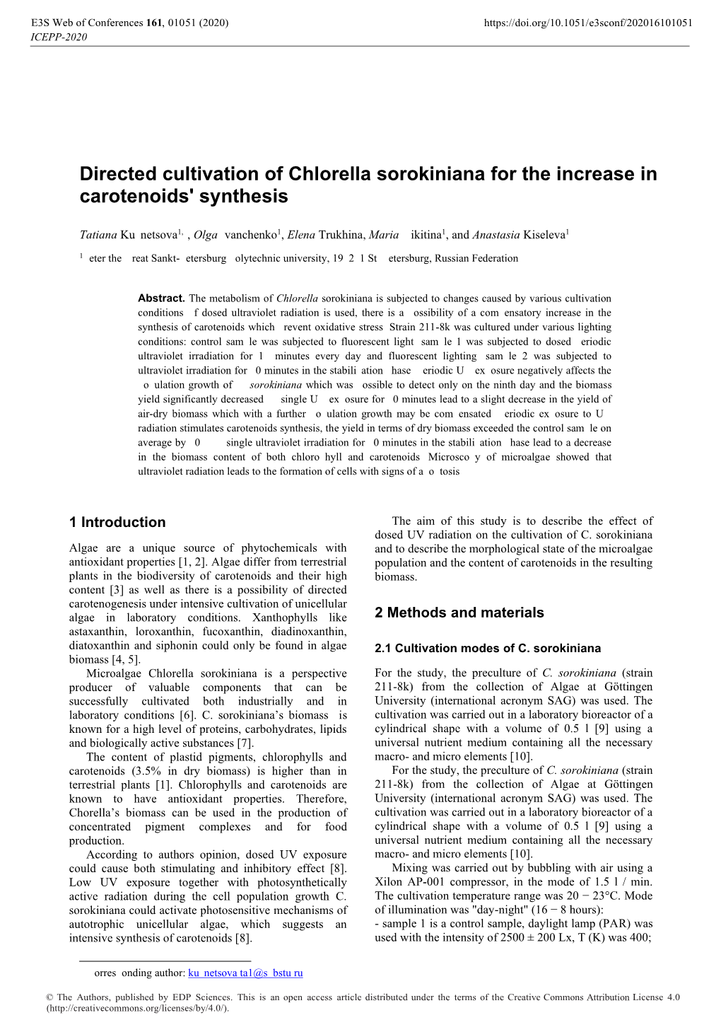 Directed Cultivation of Chlorella Sorokiniana for the Increase in Carotenoids' Synthesis