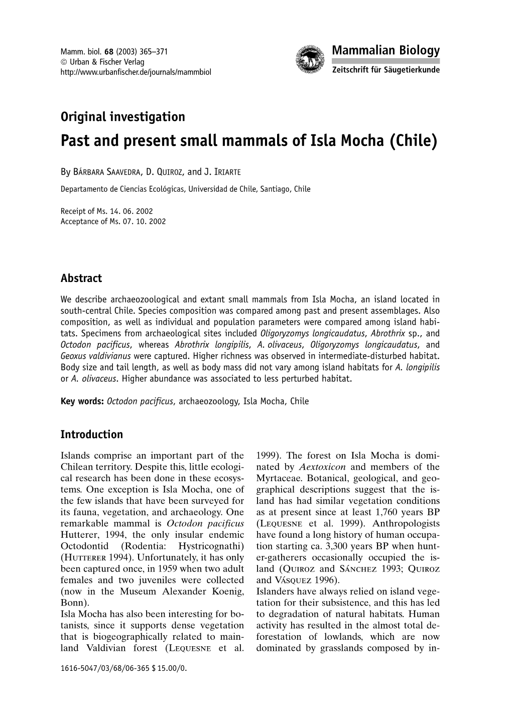 Past and Present Small Mammals of Isla Mocha (Chile)