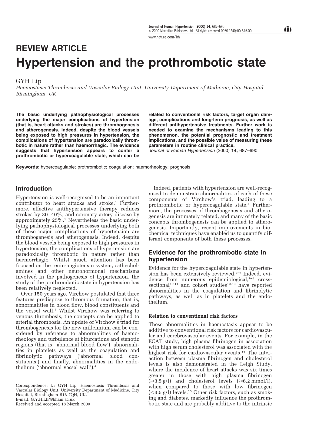 Hypertension and the Prothrombotic State