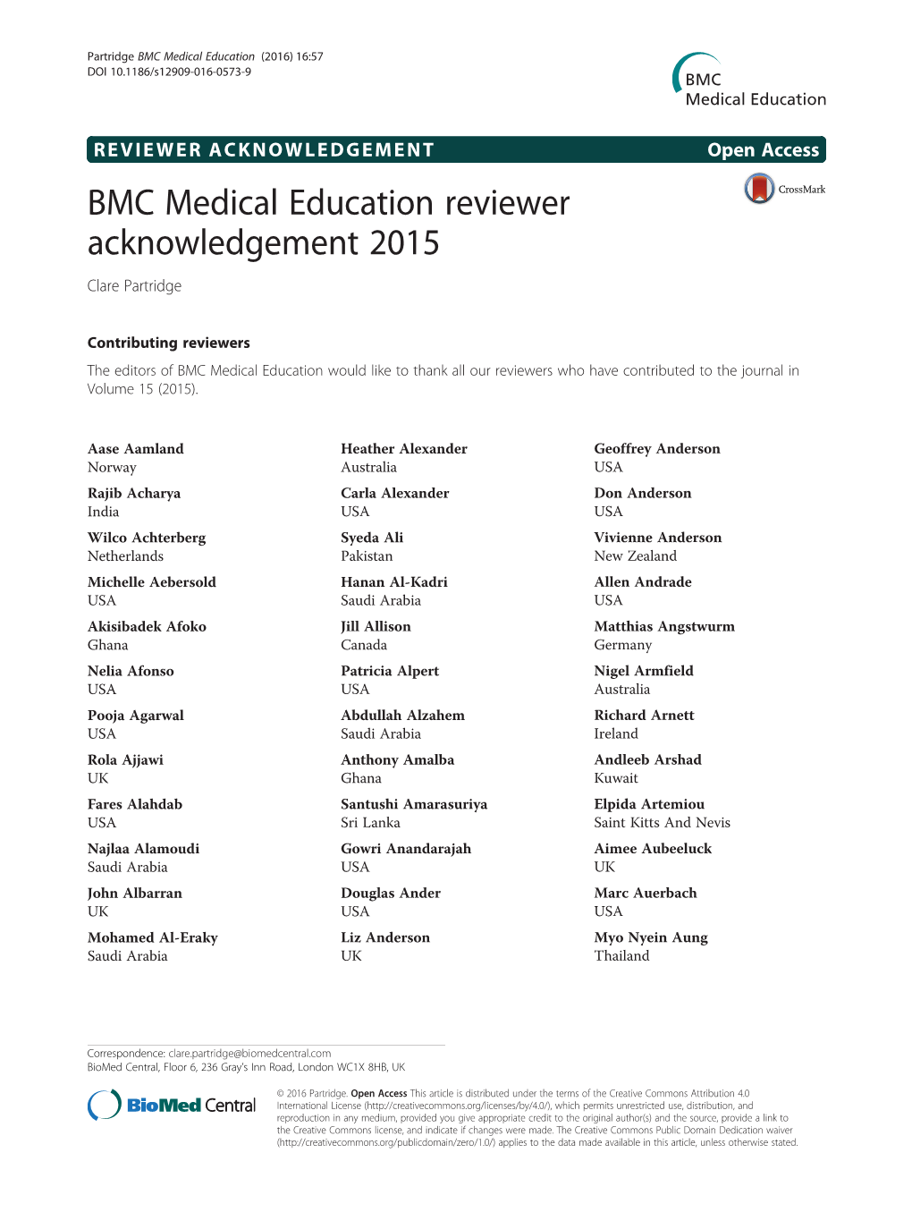 BMC Medical Education Reviewer Acknowledgement 2015 Clare Partridge