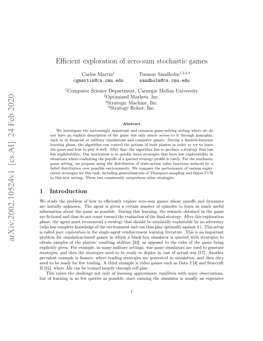 Efficient Exploration of Zero-Sum Stochastic Games