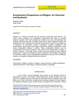 Evolutionary Perspectives on Religion: an Overview and Synthesis