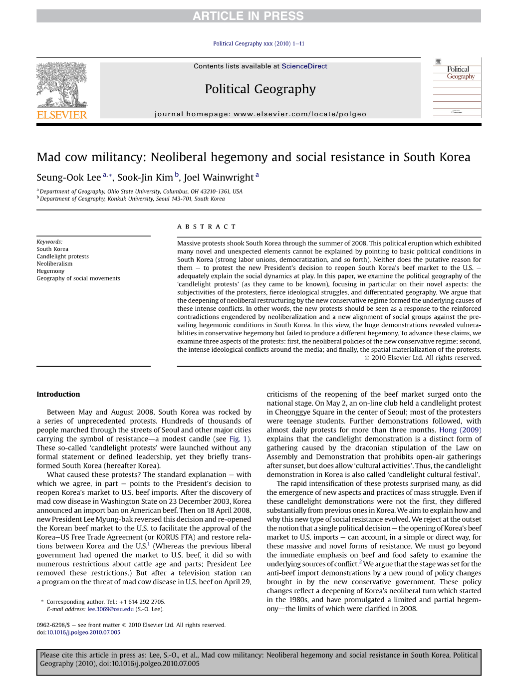 Mad Cow Militancy: Neoliberal Hegemony and Social Resistance in South Korea